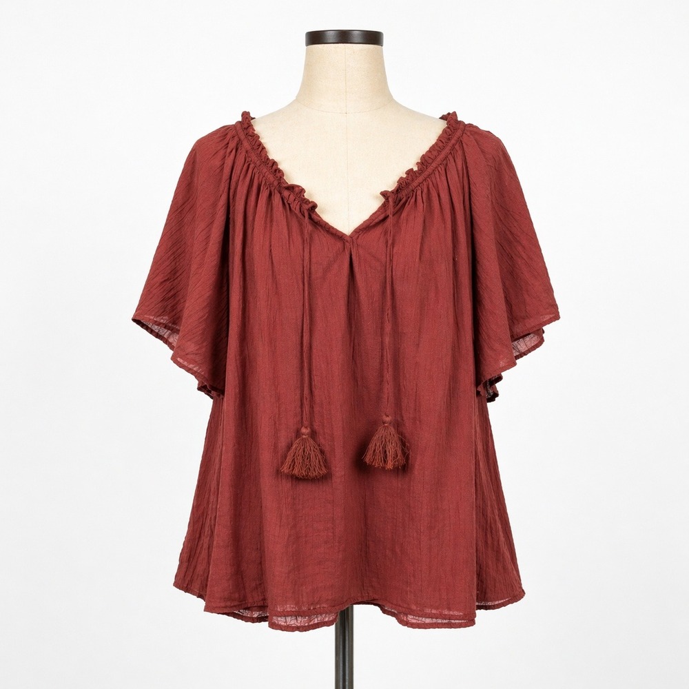 100% Cotton Gauze Peasant Top Size L Tall Rust Boho Tassel Cottagecore Festival